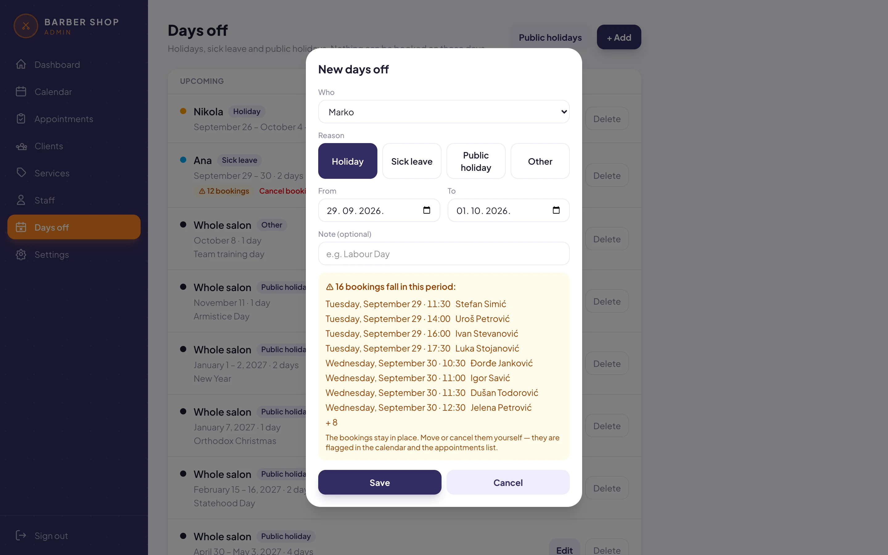 Adding new days off, with a warning about existing bookings
